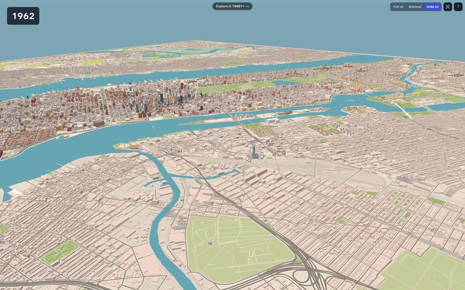 The 3D city set to 1962 — Manhattan's mid-century skyline rebuilt building by building, seen from high above Brooklyn.